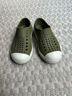Native Kids Slip-On Water Shoes in Olive Green with White Toe Caps